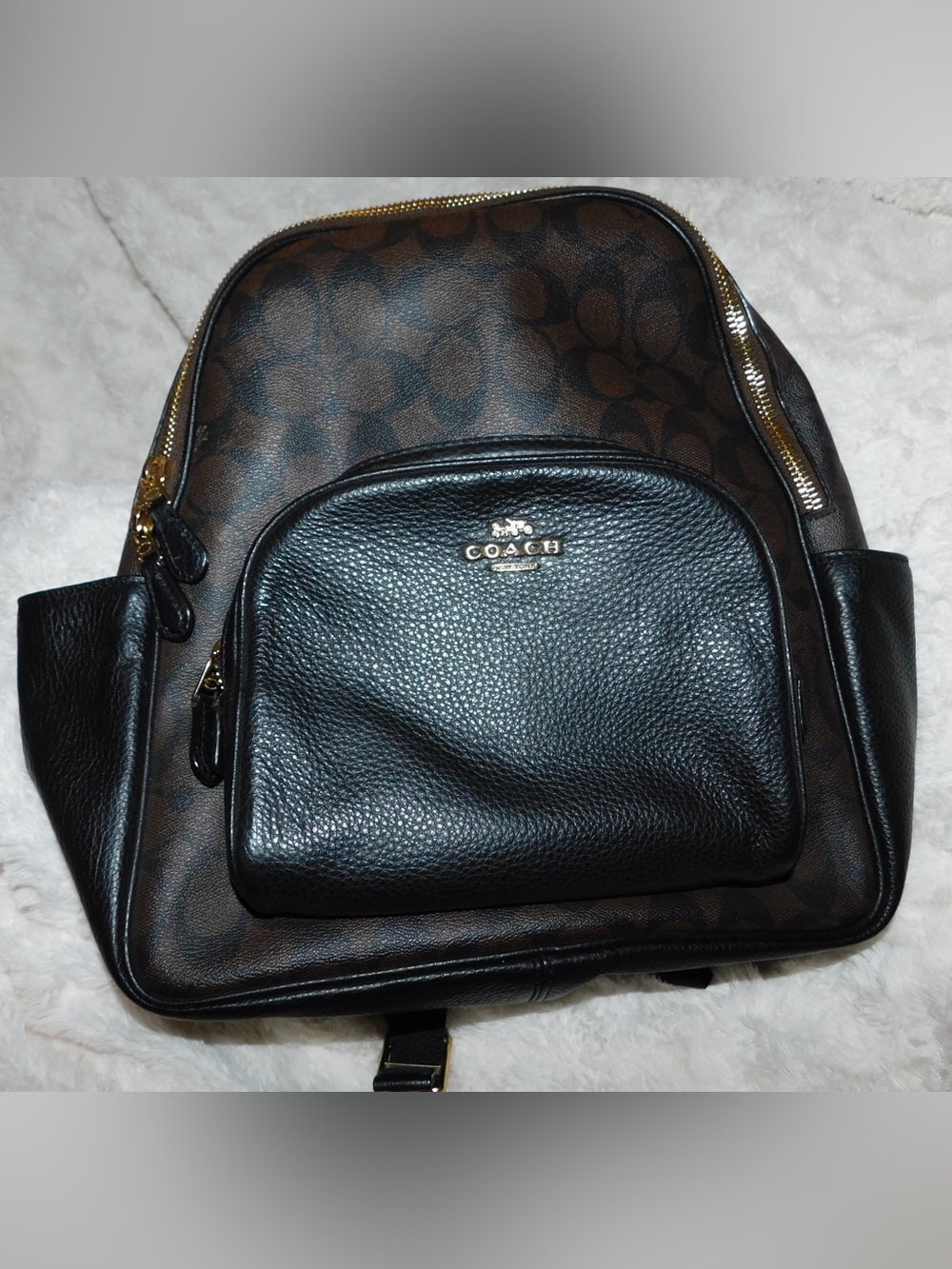 Coach Brown Signature Canvas & Black Leather Backpack